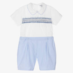 Beatrice & George-Boys Blue Hand-Smocked Cotton Buster Suit | Childrensalon