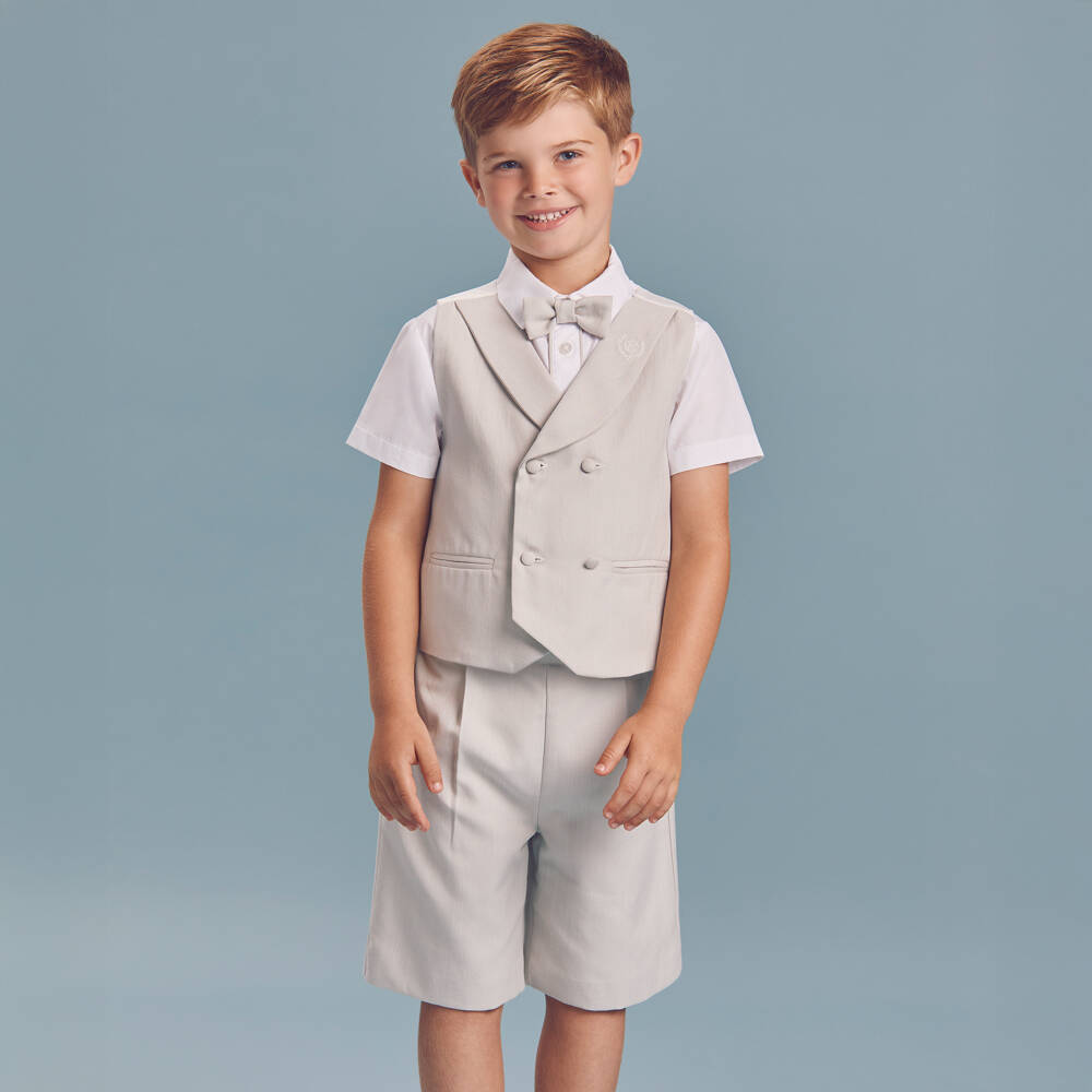 Beatrice & George-Boys Grey Herringbone Double-Breasted Waistcoat Suit  | Childrensalon
