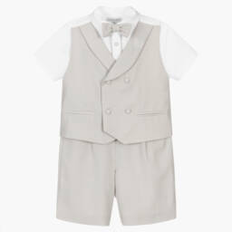 Beatrice & George-Boys Grey Herringbone Double-Breasted Waistcoat Suit  | Childrensalon