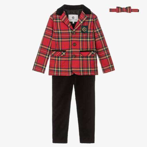 Beatrice & George-Boys Red Tartan & Black Velvet Suit | Childrensalon