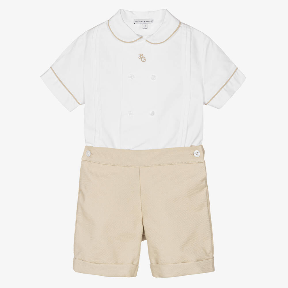 Beatrice & George-Boys White & Beige Cotton Buster Suit | Childrensalon