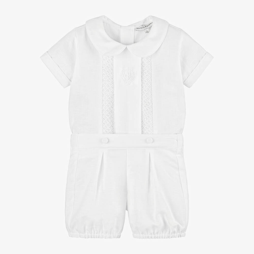 Beatrice & George-Boys White Linen & Cotton Buster Suit | Childrensalon