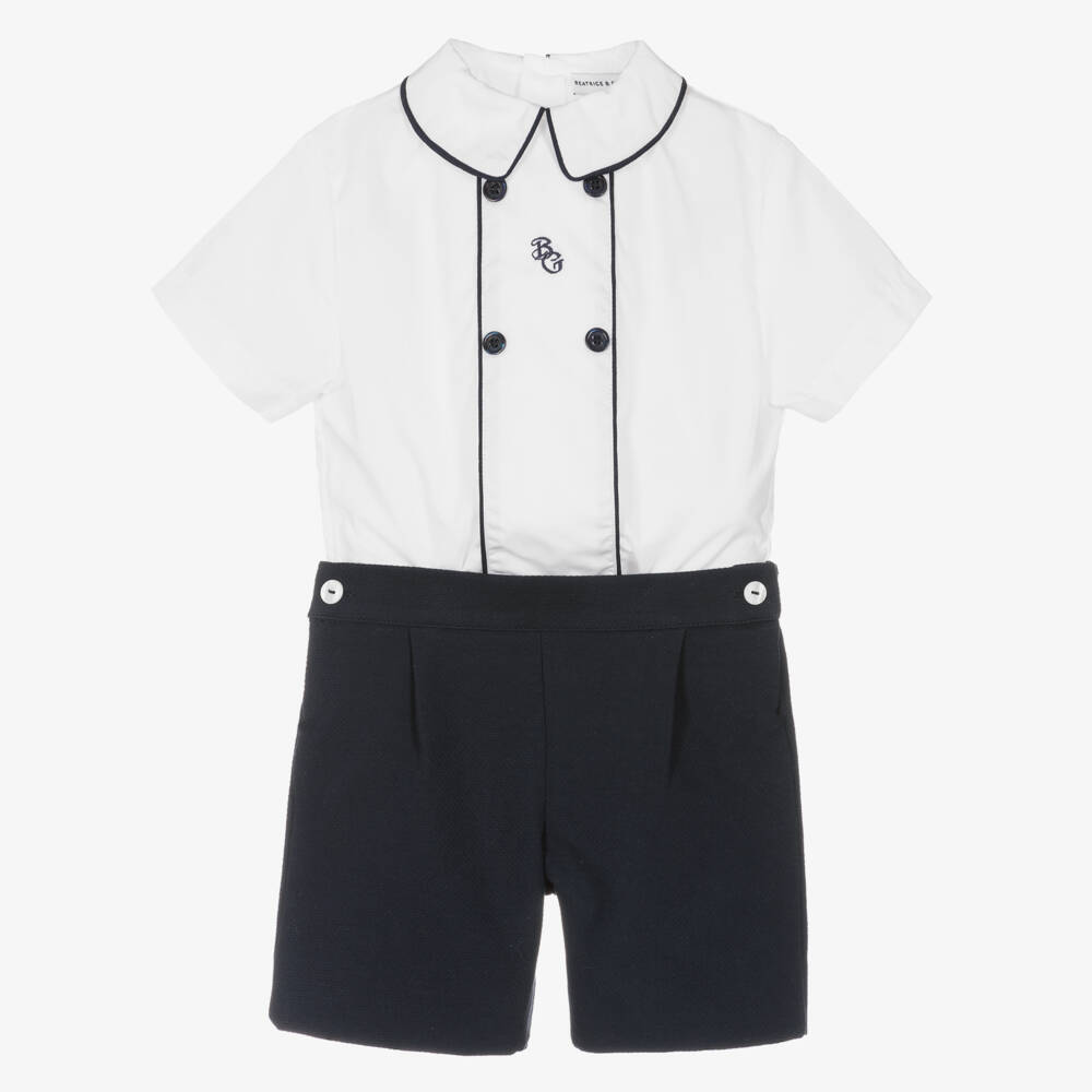 Beatrice & George-Boys White & Navy Blue Cotton Buster Suit | Childrensalon