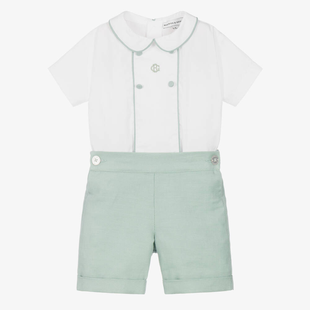 Beatrice & George-Boys White & Pale Green Cotton Buster Suit | Childrensalon