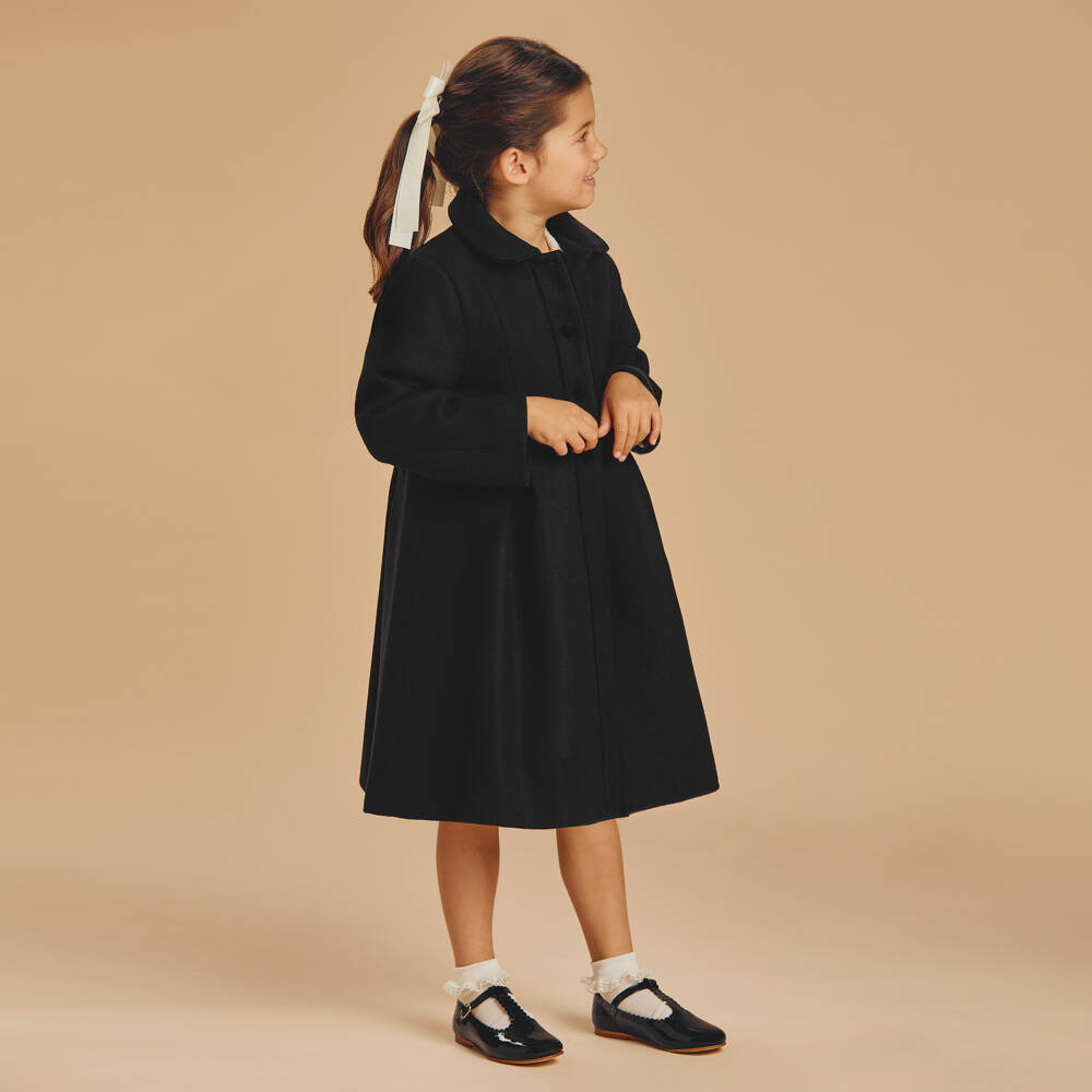 Beatrice & George-Girls Black Felted Coat with Velvet Trimmed Collar | Childrensalon
