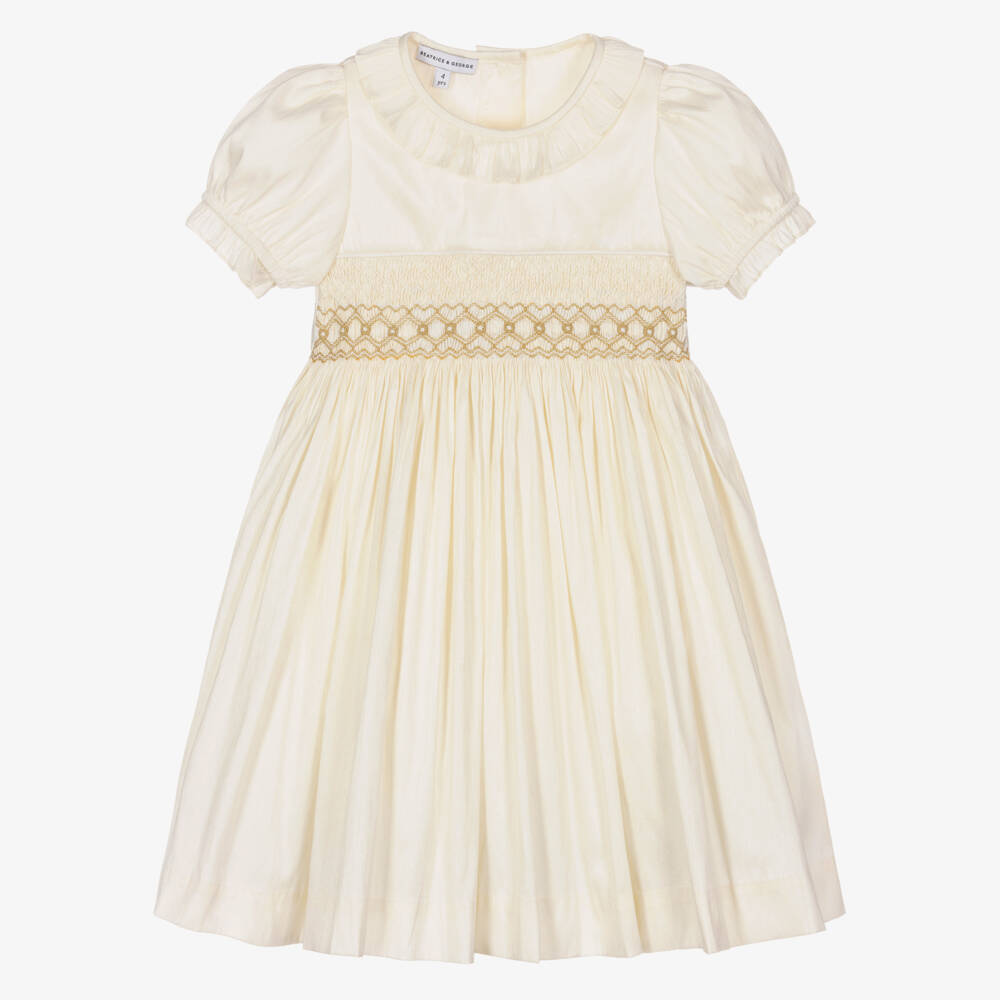 Beatrice & George-Girls Champagne Hand-Smocked Dupion Dress | Childrensalon