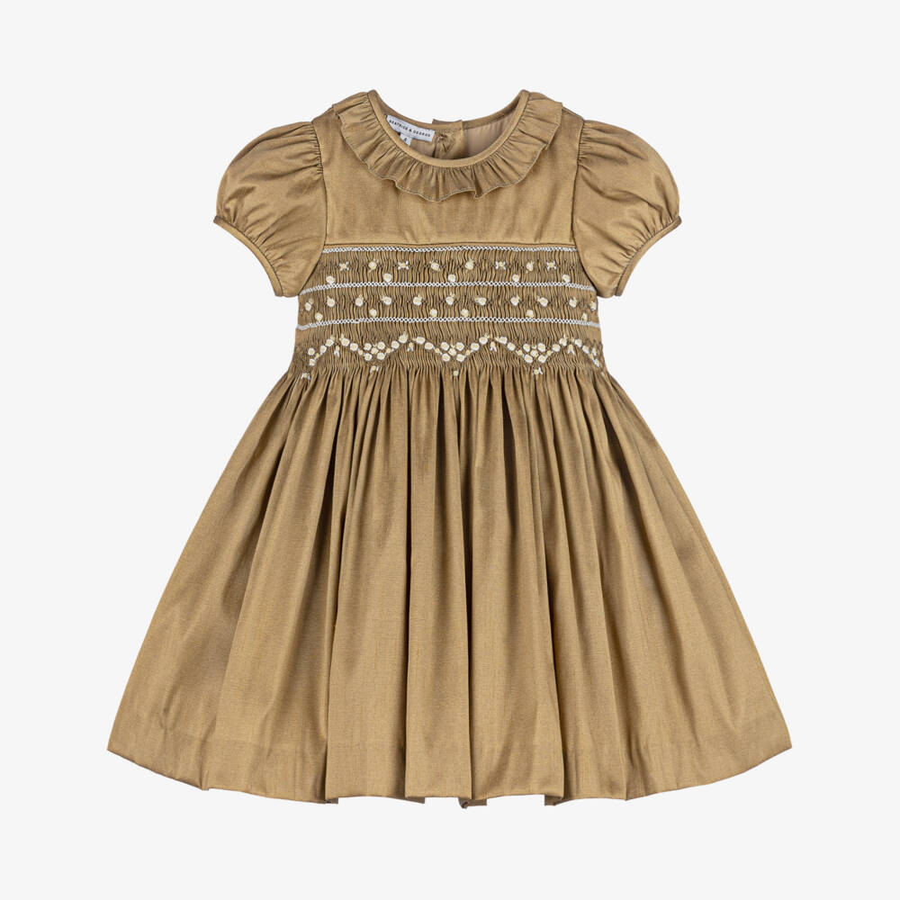 Beatrice & George-Girls Gold Hand-Smocked Dupion Dress | Childrensalon