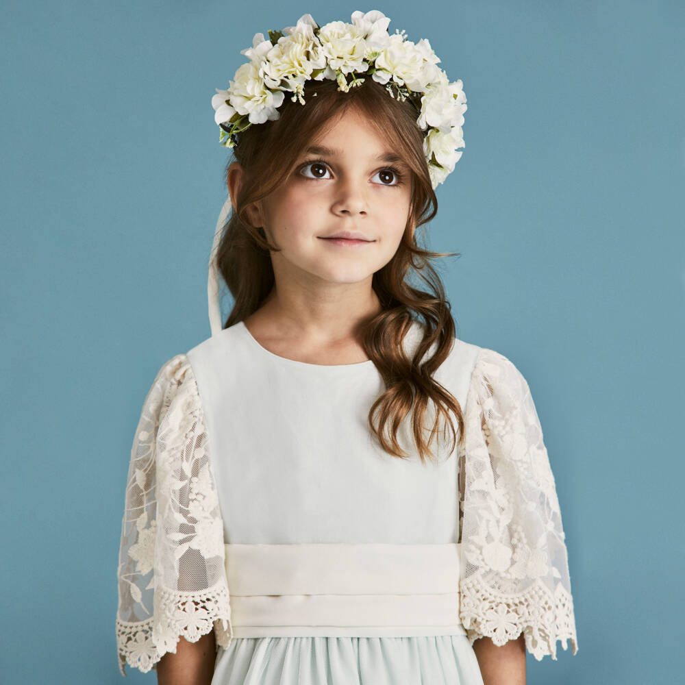 Beatrice & George-Girls Green & Ivory Embroidered Tulle Dress | Childrensalon