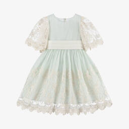 Beatrice & George-Girls Green & Ivory Embroidered Tulle Dress | Childrensalon