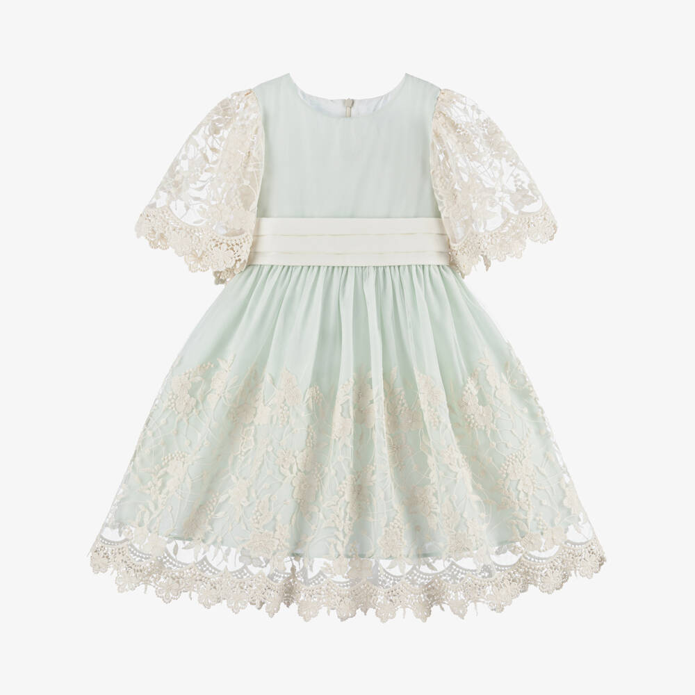 Beatrice & George-Girls Green & Ivory Embroidered Tulle Dress | Childrensalon