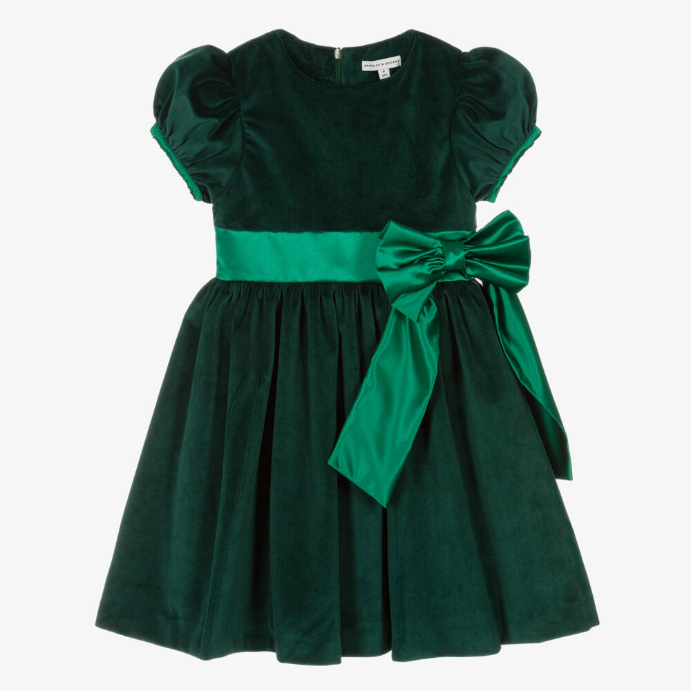 Beatrice & George-Girls Green Velvet Dress | Childrensalon