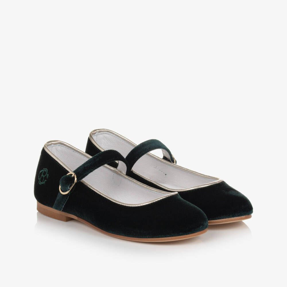 Beatrice & George-Girls Green Velvet Mary Jane Shoes | Childrensalon