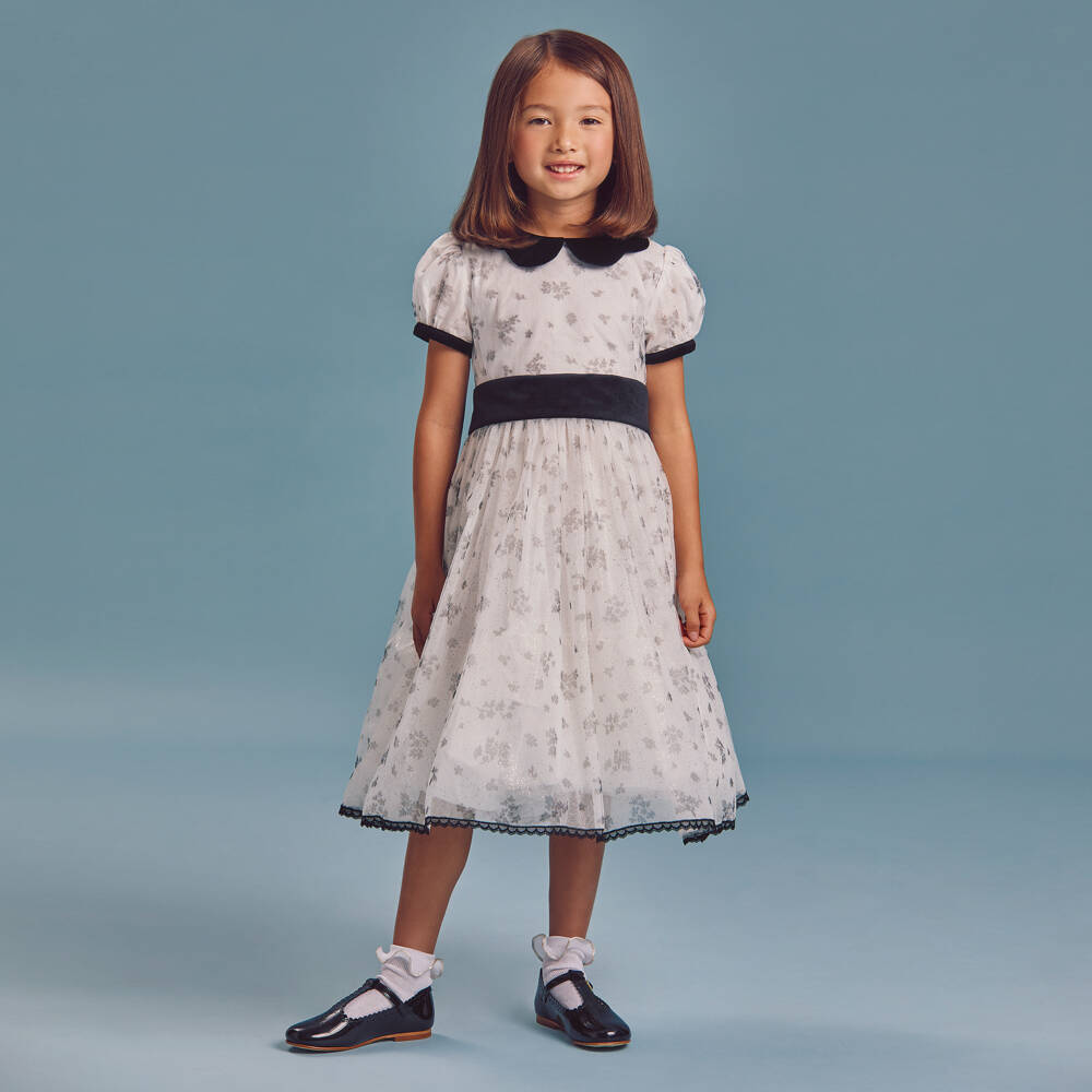 Beatrice & George-Girls Ivory Floral & Glitter Tulle Dress | Childrensalon