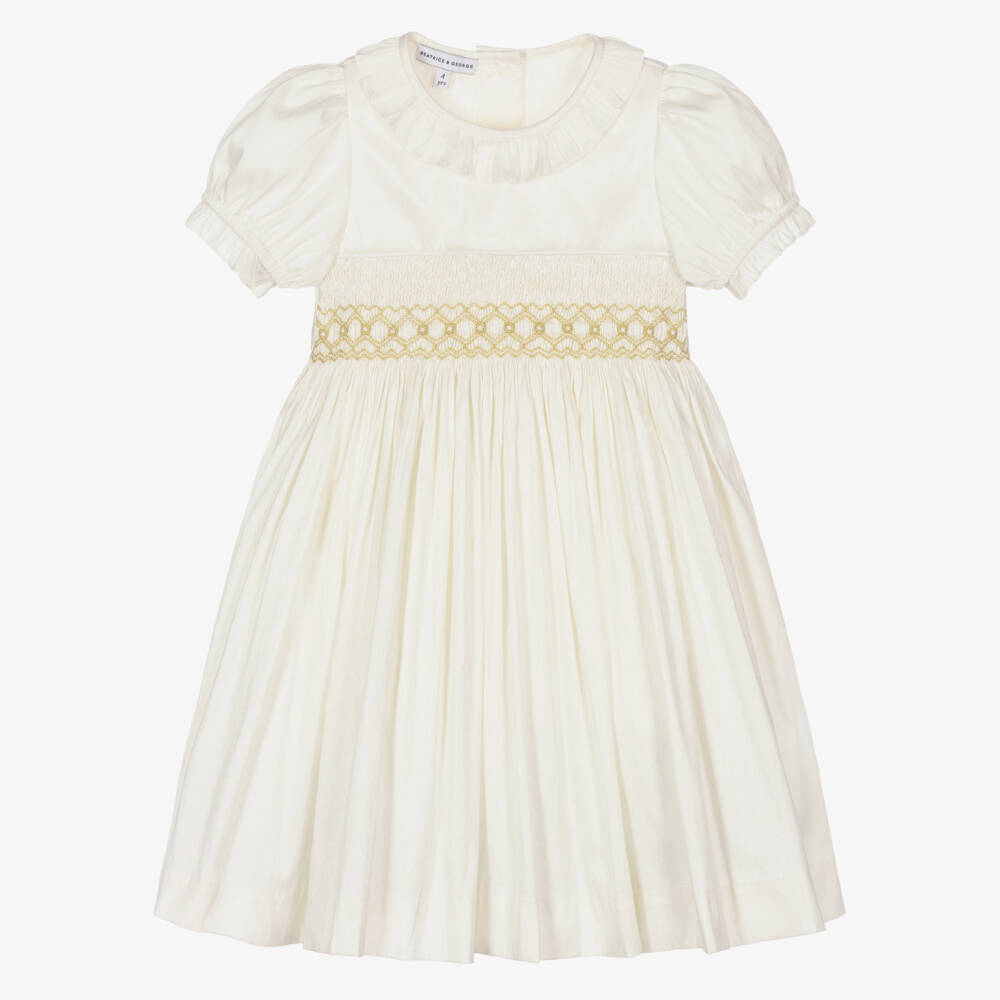 Beatrice & George-Girls Ivory Hand-Smocked Dupion Dress | Childrensalon