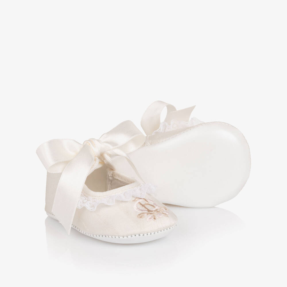 Beatrice & George-Girls Ivory Silk Embroidered Pre-Walker Shoes | Childrensalon