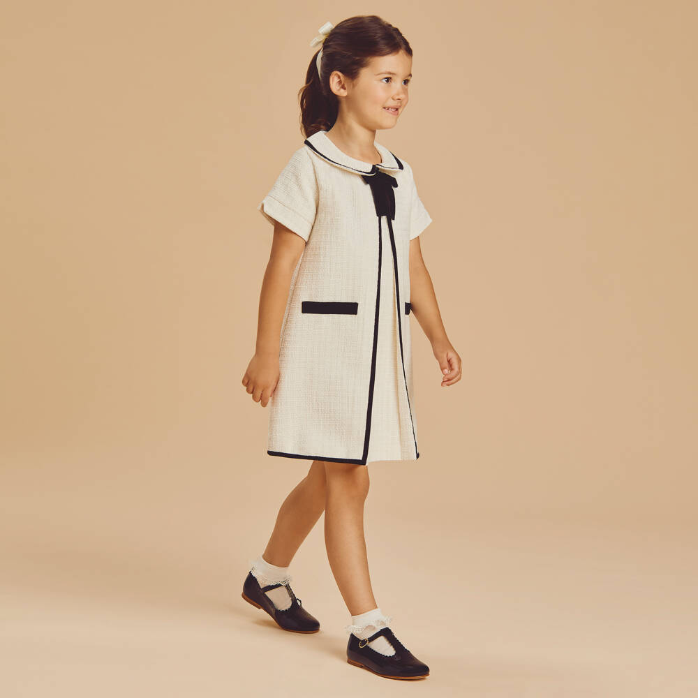 Beatrice & George-Girls Ivory Tweed & Black Velvet Dress | Childrensalon