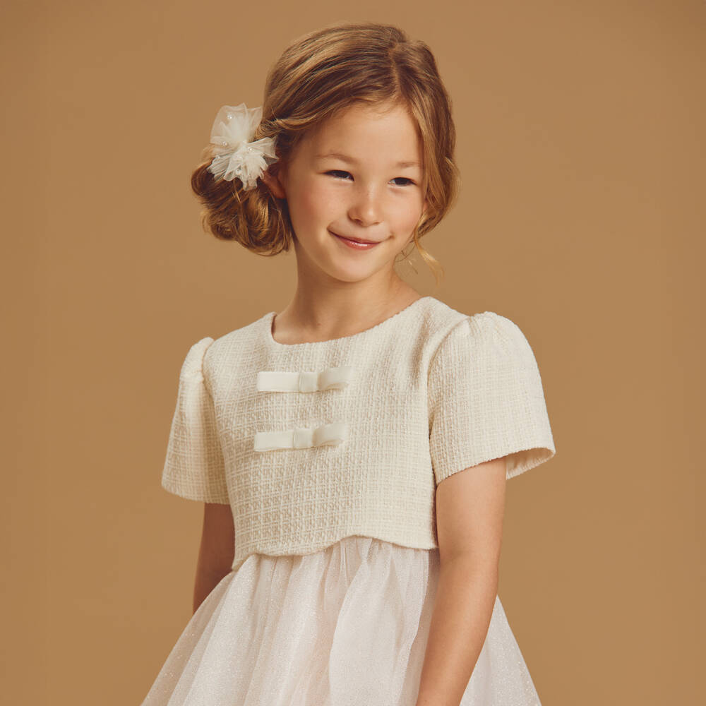 Beatrice & George-Girls Ivory Tweed & Glittery Tulle Dress | Childrensalon