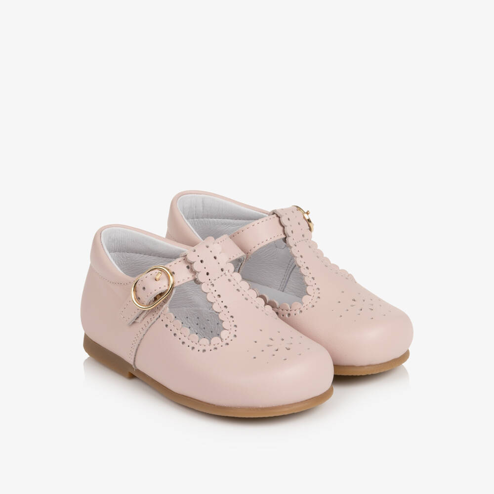Beatrice & George-Girls Pale Pink Leather T-Bar Shoes | Childrensalon