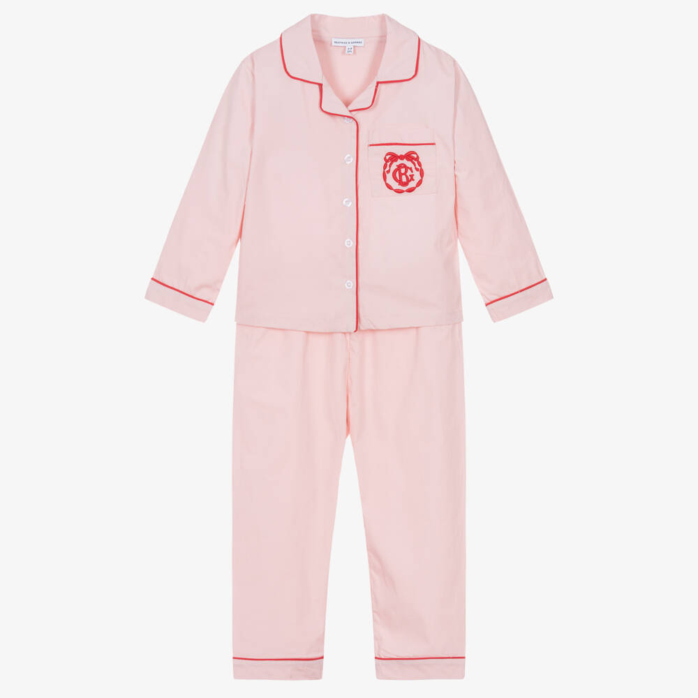 Beatrice & George-Girls Pink Cotton Pyjamas with Red Piping  | Childrensalon