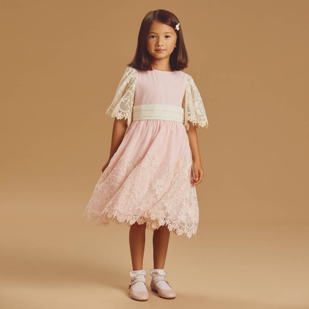 Beatrice & George-Girls Pink & Ivory Embroidered Tulle Dress | Childrensalon