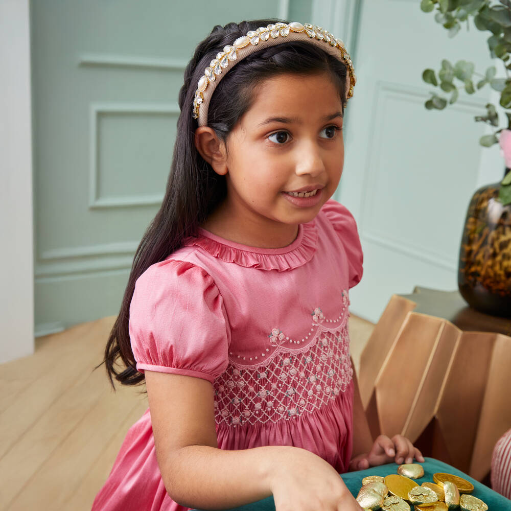 Beatrice & George-Girls Raspberry Pink Hand-Smocked Dupion Dress | Childrensalon