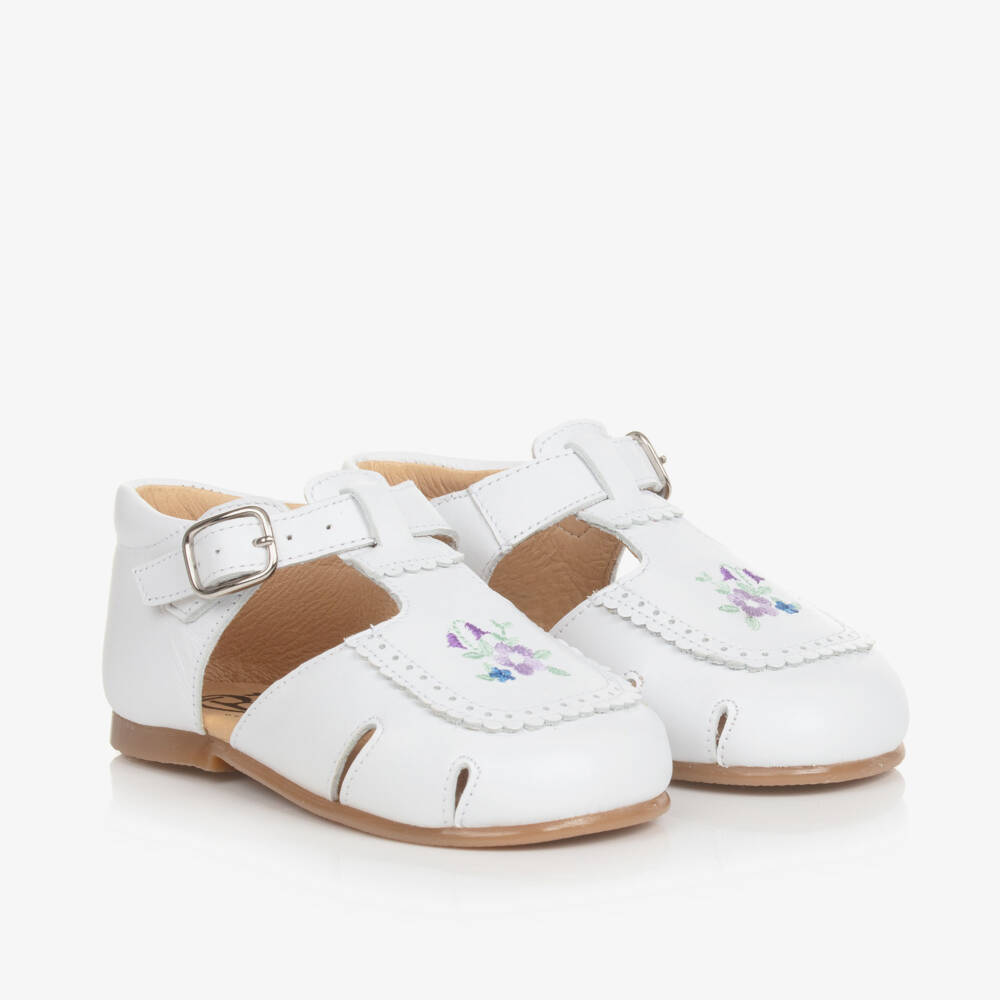Beatrice & George-Girls White Embroidered Floral Leather Shoes | Childrensalon