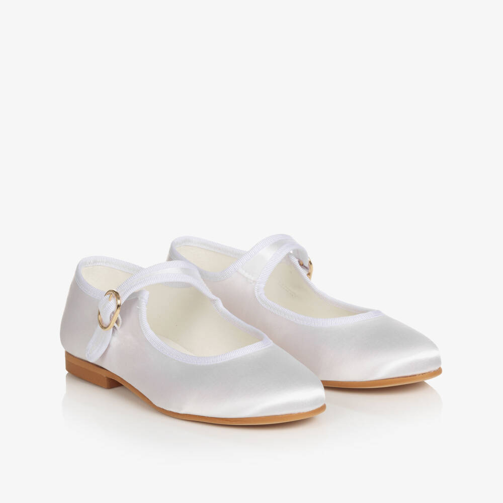 Beatrice & George-Girls White Satin Mary Jane Shoes | Childrensalon