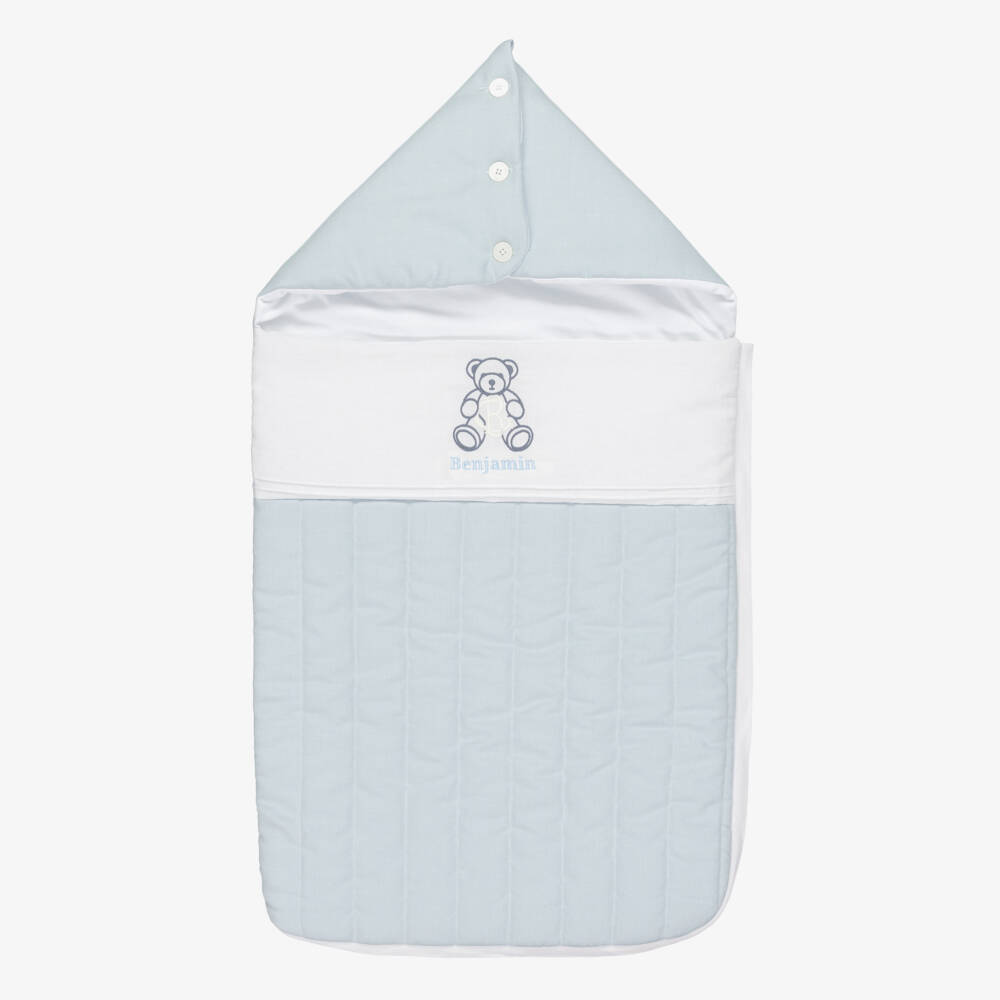Beatrice & George-Personalised Blue Herringbone Padded Baby Nest (84cm) | Childrensalon