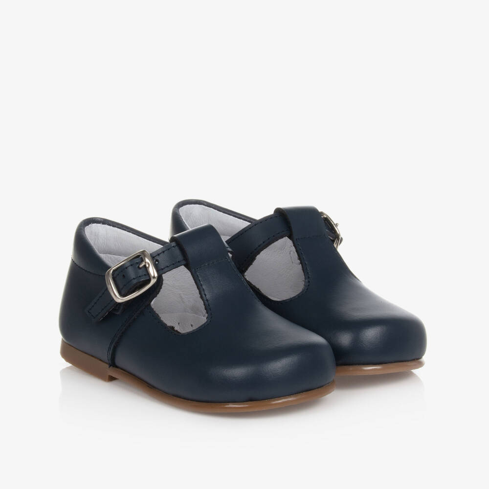 Beatrice & George-Smart Navy Blue Leather T-Bar Shoes | Childrensalon