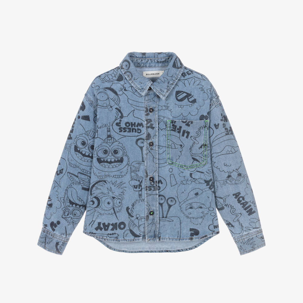 Billieblush-Boys Blue Denim Shirt with Monster Print  | Childrensalon