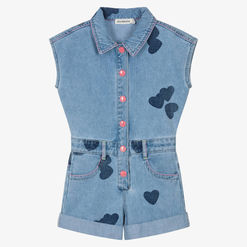 Billieblush-Girls Blue Denim Playsuit with Heart Motifs | Childrensalon