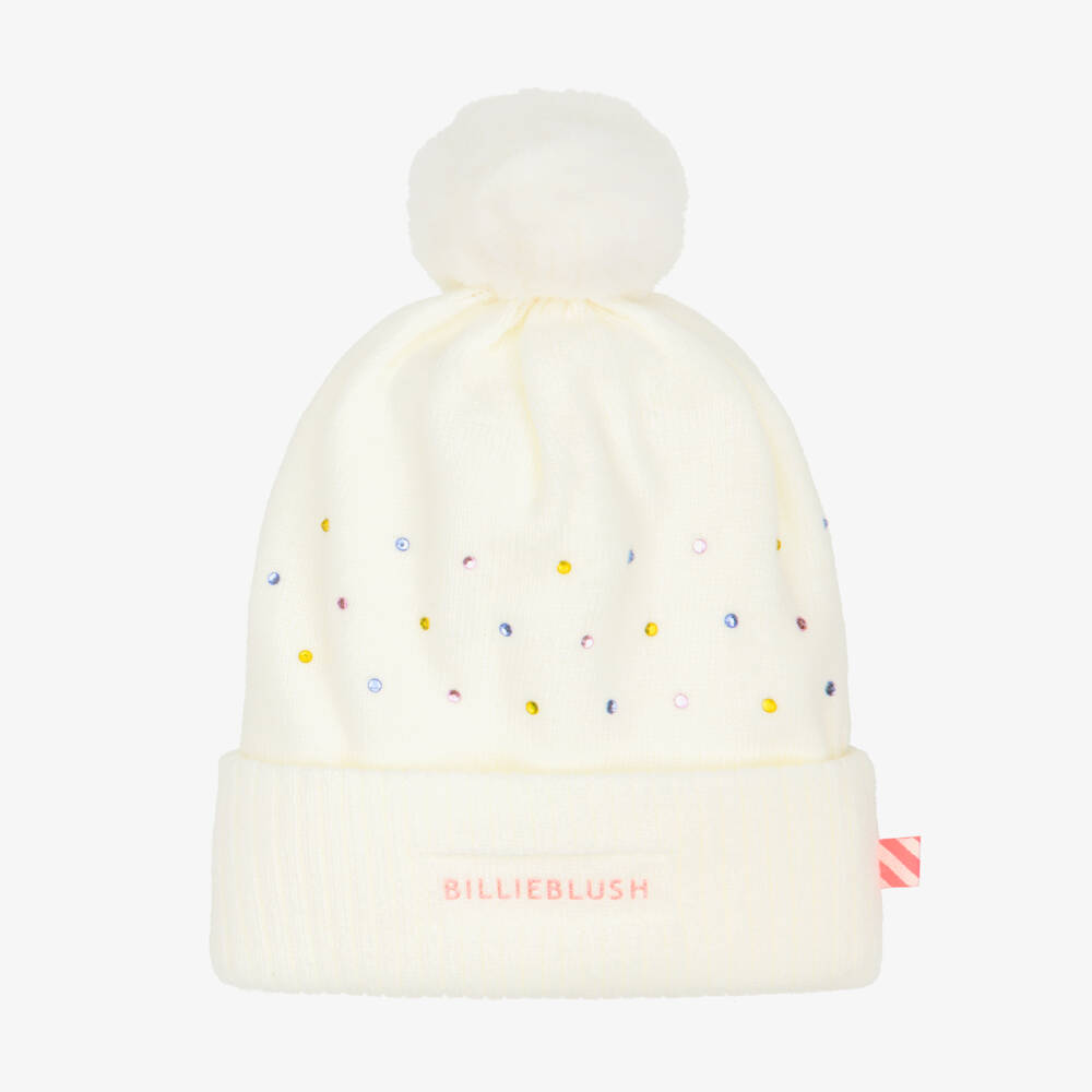 Billieblush-Girls Ivory Knitted Hat with Colourful Diamanté | Childrensalon