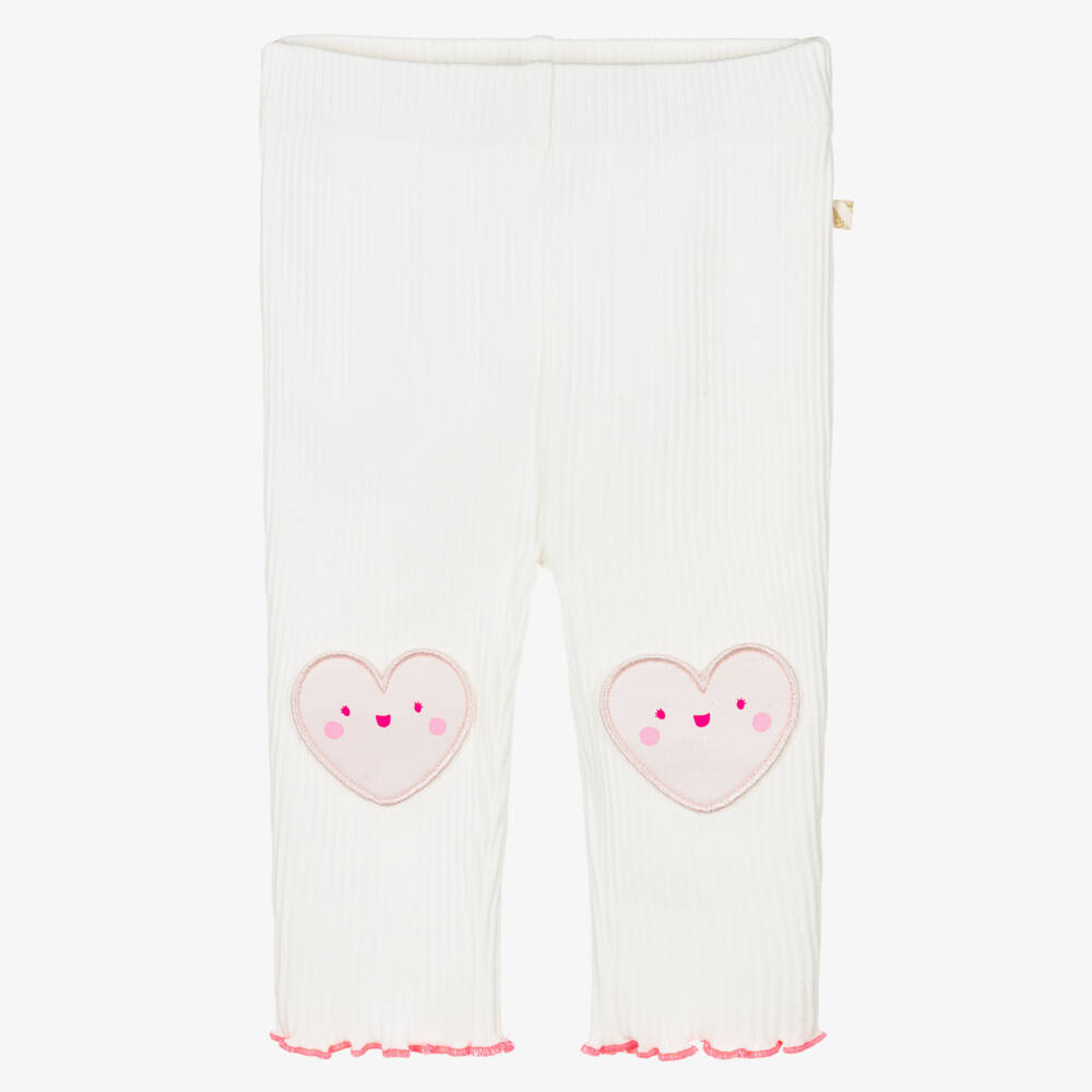 Billieblush-Girls Ivory Ribbed Leggings with Smiling Heart Knees | Childrensalon
