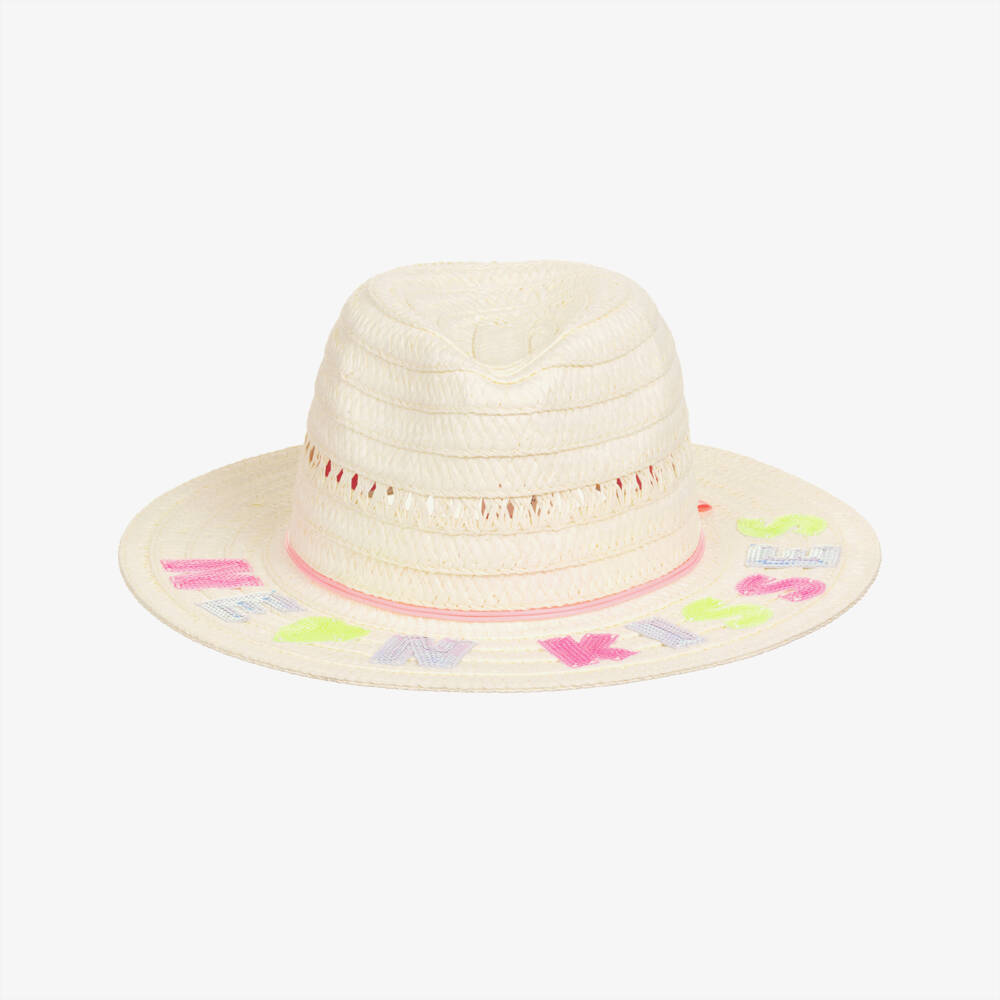 Billieblush-Girls Ivory Straw Sun Hat with Sequinned Slogan | Childrensalon