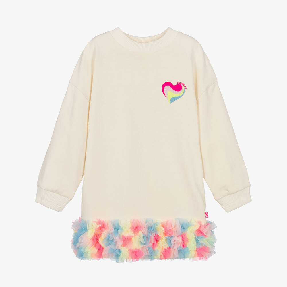 Billieblush-Girls Ivory Sweatshirt Dress with Rainbow Tulle Ruffle | Childrensalon