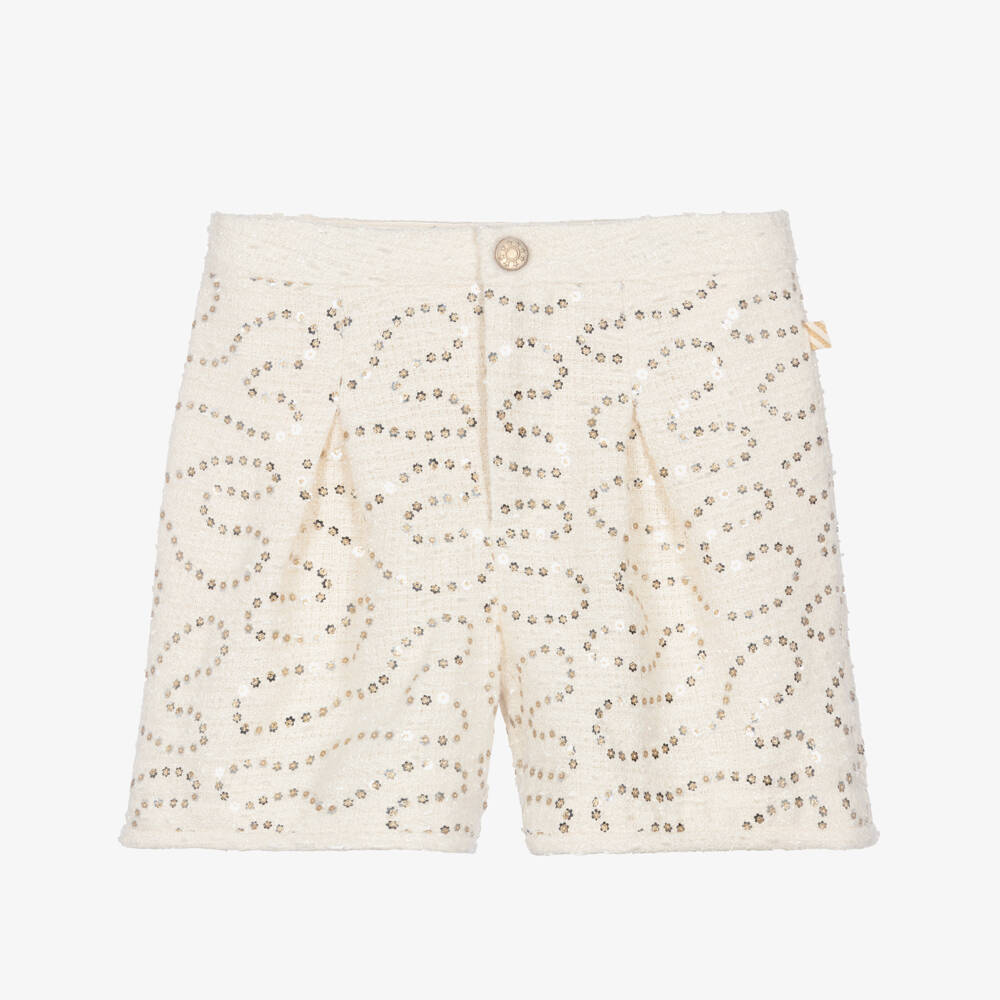 Billieblush-Girls Ivory Tweed Shorts with Sequins | Childrensalon