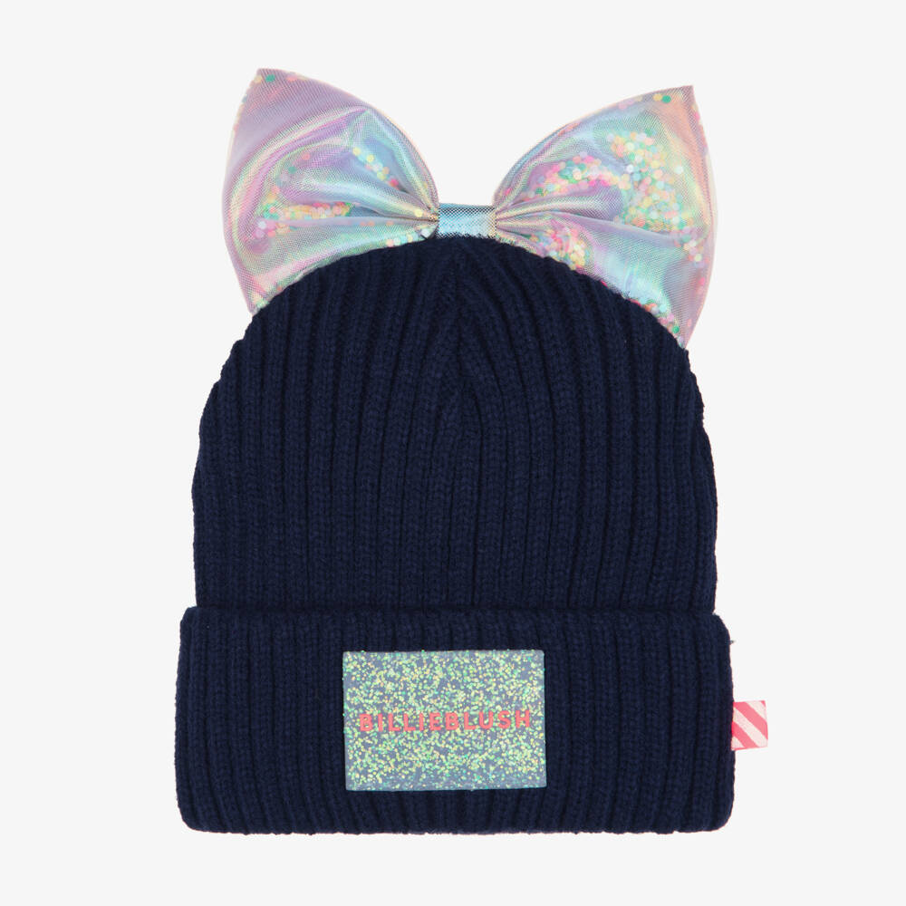 Billieblush-Girls Navy Blue Ribbed Knit Hat with Iridescent Bow | Childrensalon