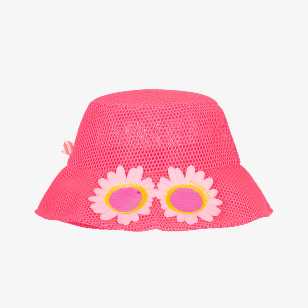 Billieblush-Girls Neon Pink Mesh Sun Hat with Flower Sunglasses Appliqué | Childrensalon
