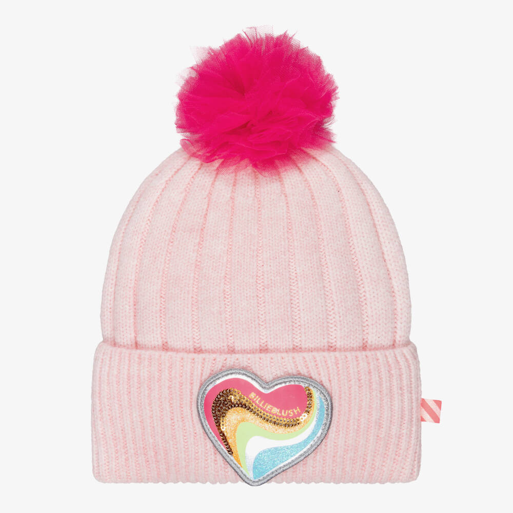 Billieblush-Girls Pink Knitted Hat with Tulle Pom-Pom  | Childrensalon