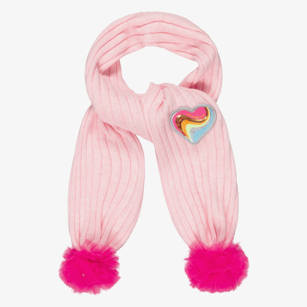 Billieblush-Girls Pink Knitted Scarf with Tulle Pom-Poms  | Childrensalon