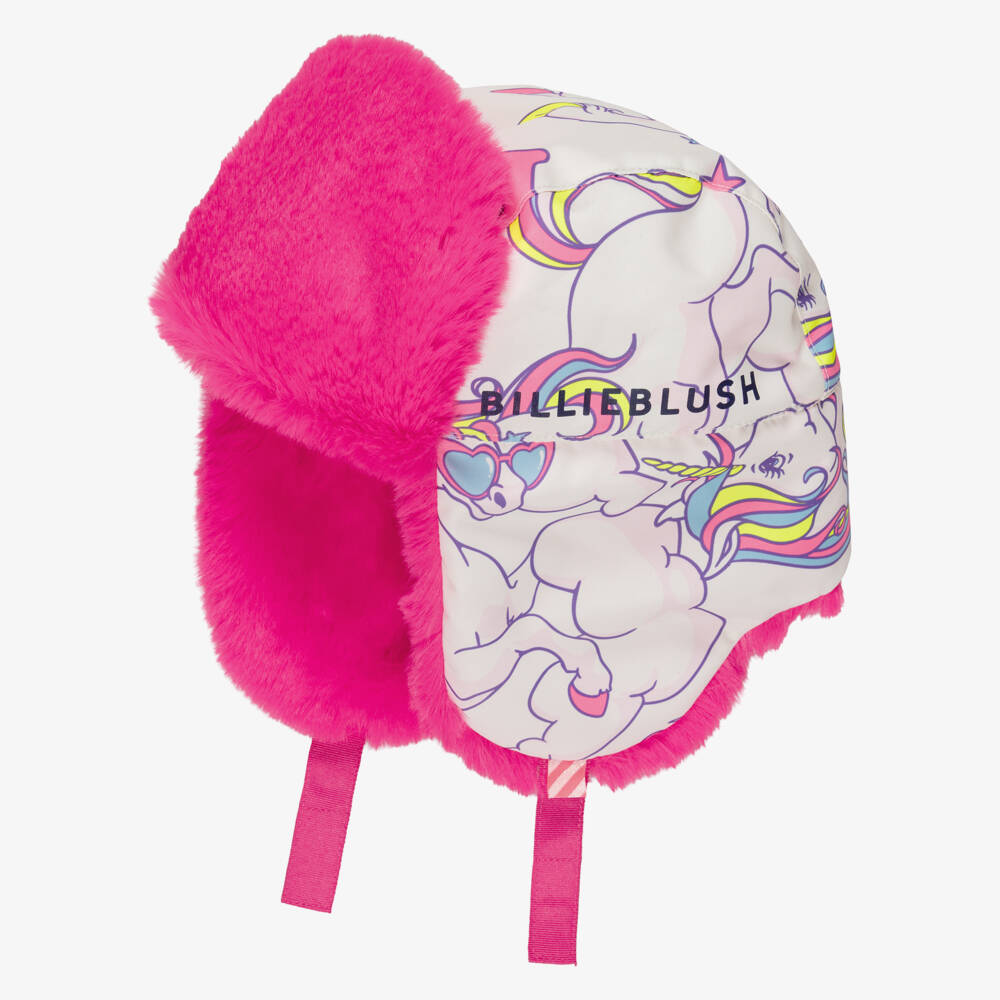 Billieblush-Girls White & Pink Trapper Hat with Unicorn Print | Childrensalon