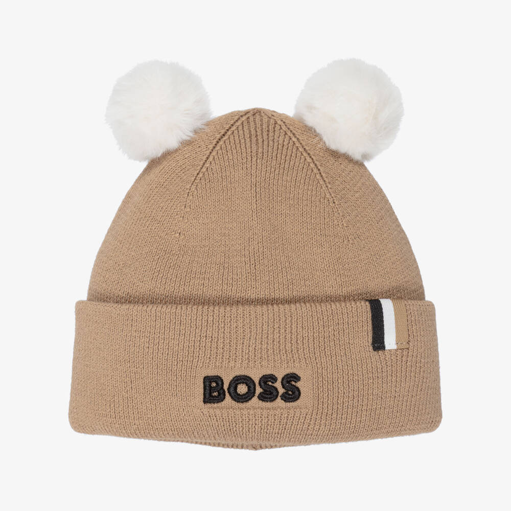BOSS-Baby Boys Beige Cotton Knit Pom-Pom Hat | Childrensalon