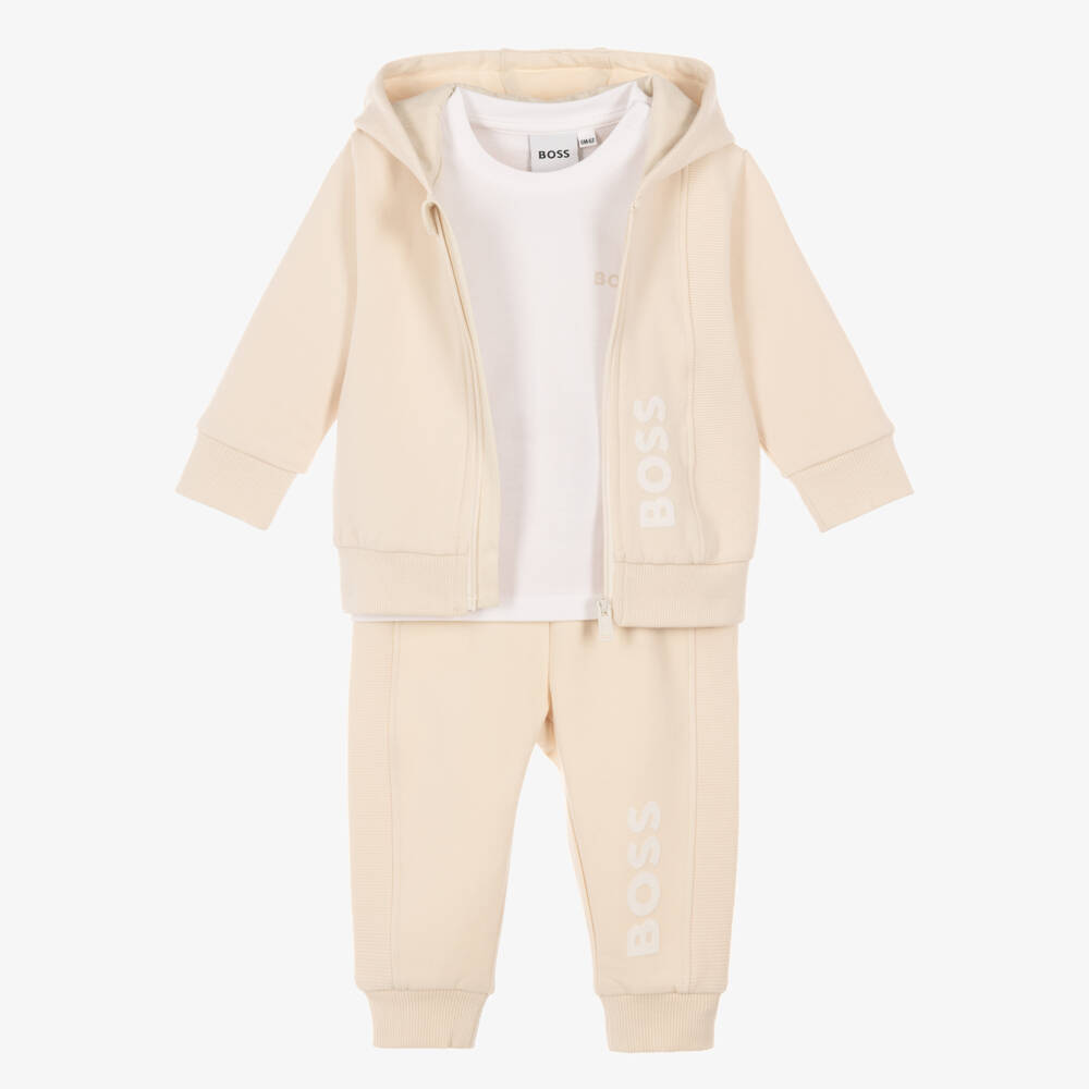 BOSS-Baby Boys Pale Beige Tracksuit Set | Childrensalon