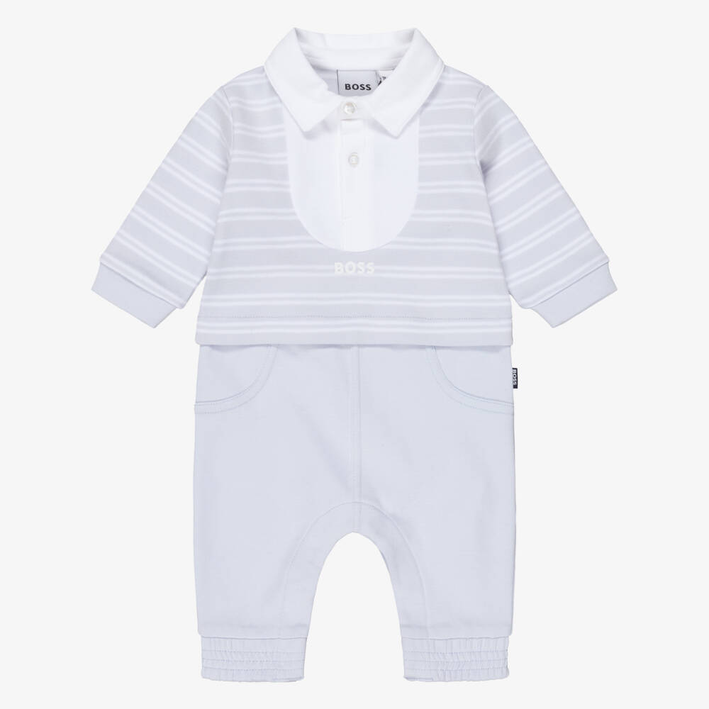 BOSS-Baby Boys Pale Blue Striped Cotton Romper | Childrensalon