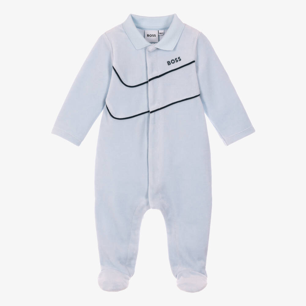 BOSS-Baby Boys Pale Blue Velour Babygrow | Childrensalon