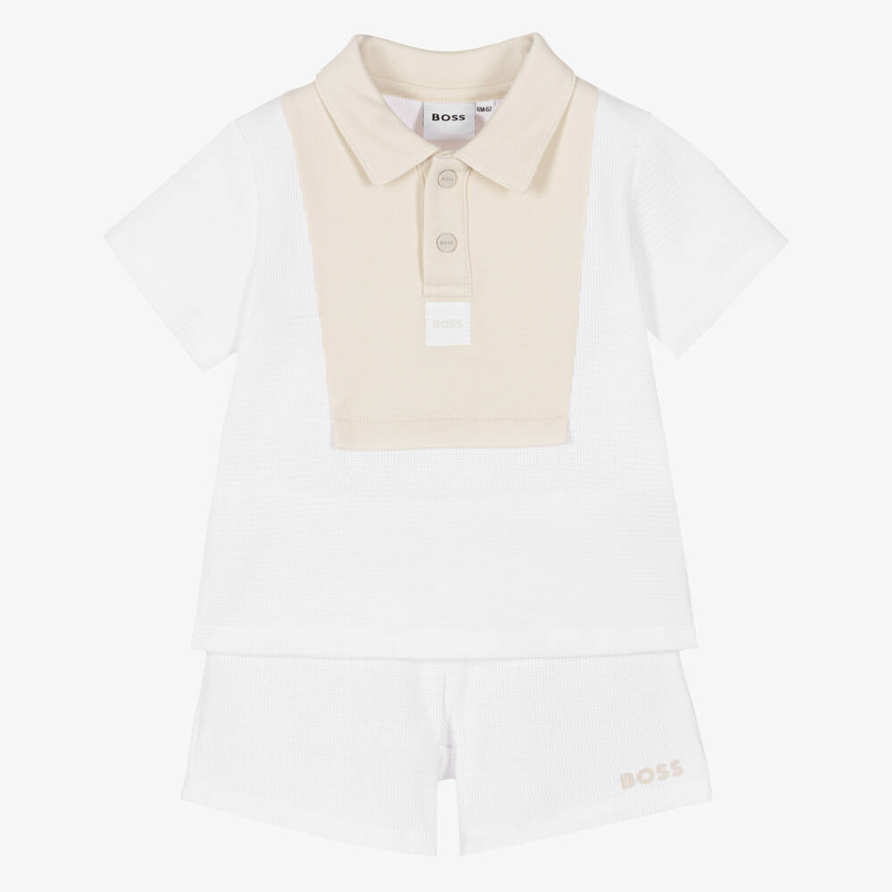 BOSS-Baby Boys White & Beige Knitted Cotton Shorts Set | Childrensalon