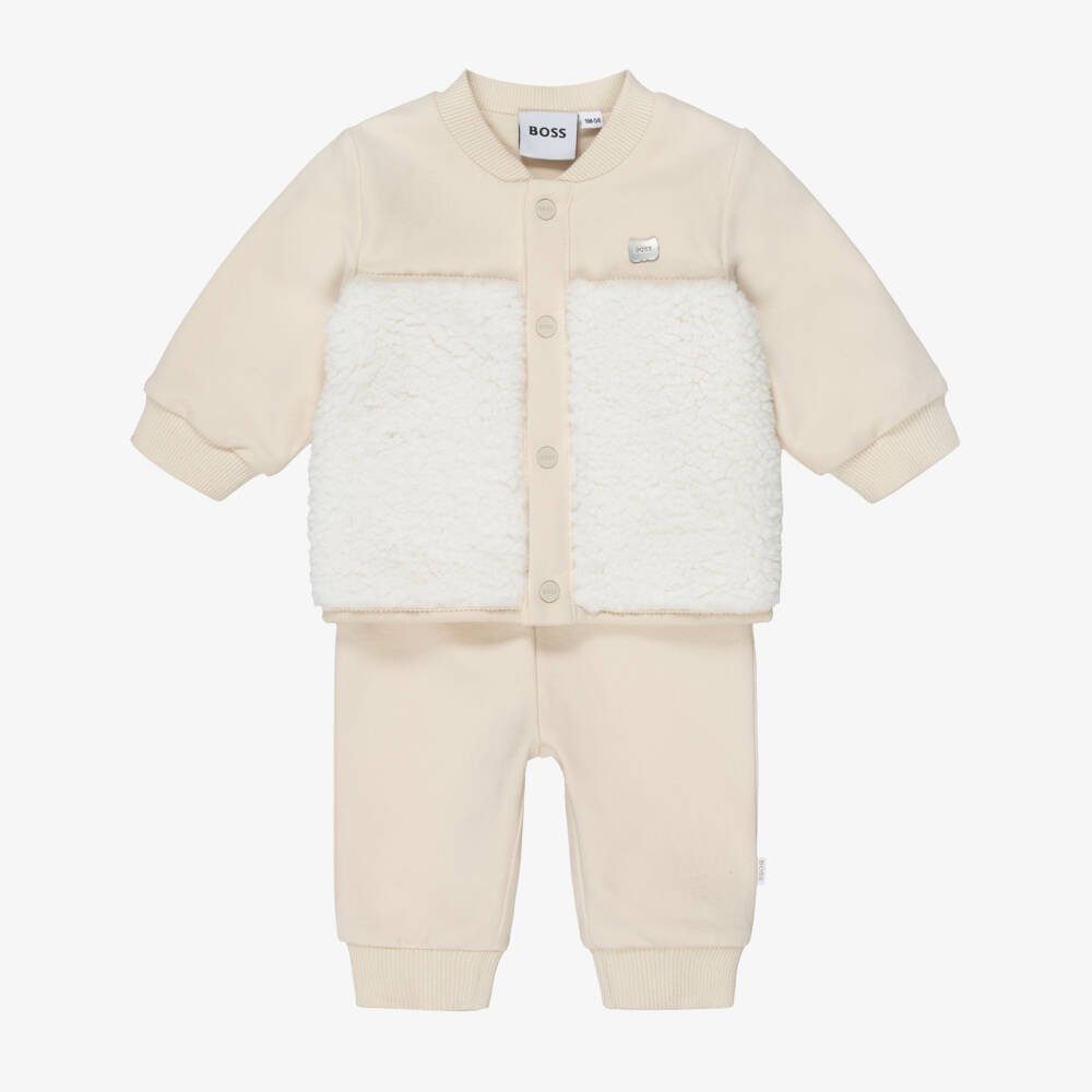 BOSS-Beige Jersey & Teddy Fleece Baby Tracksuit | Childrensalon