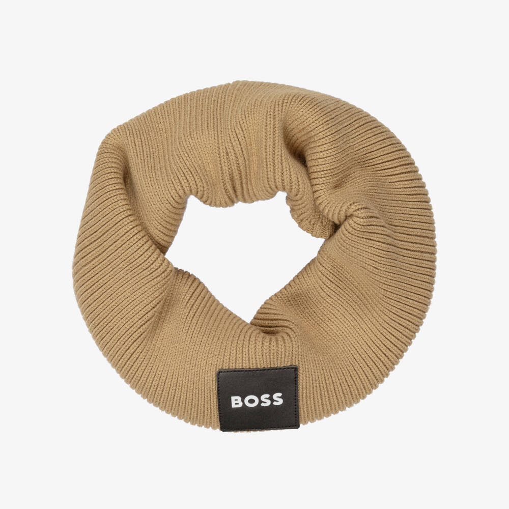 BOSS-Boys Beige Cotton Knit Snood with Logo Patch | Childrensalon