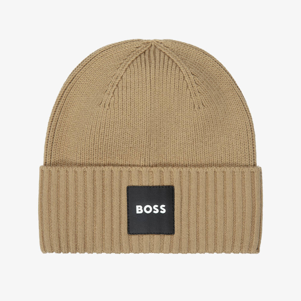 BOSS-Boys Beige Knitted Beanie Hat | Childrensalon