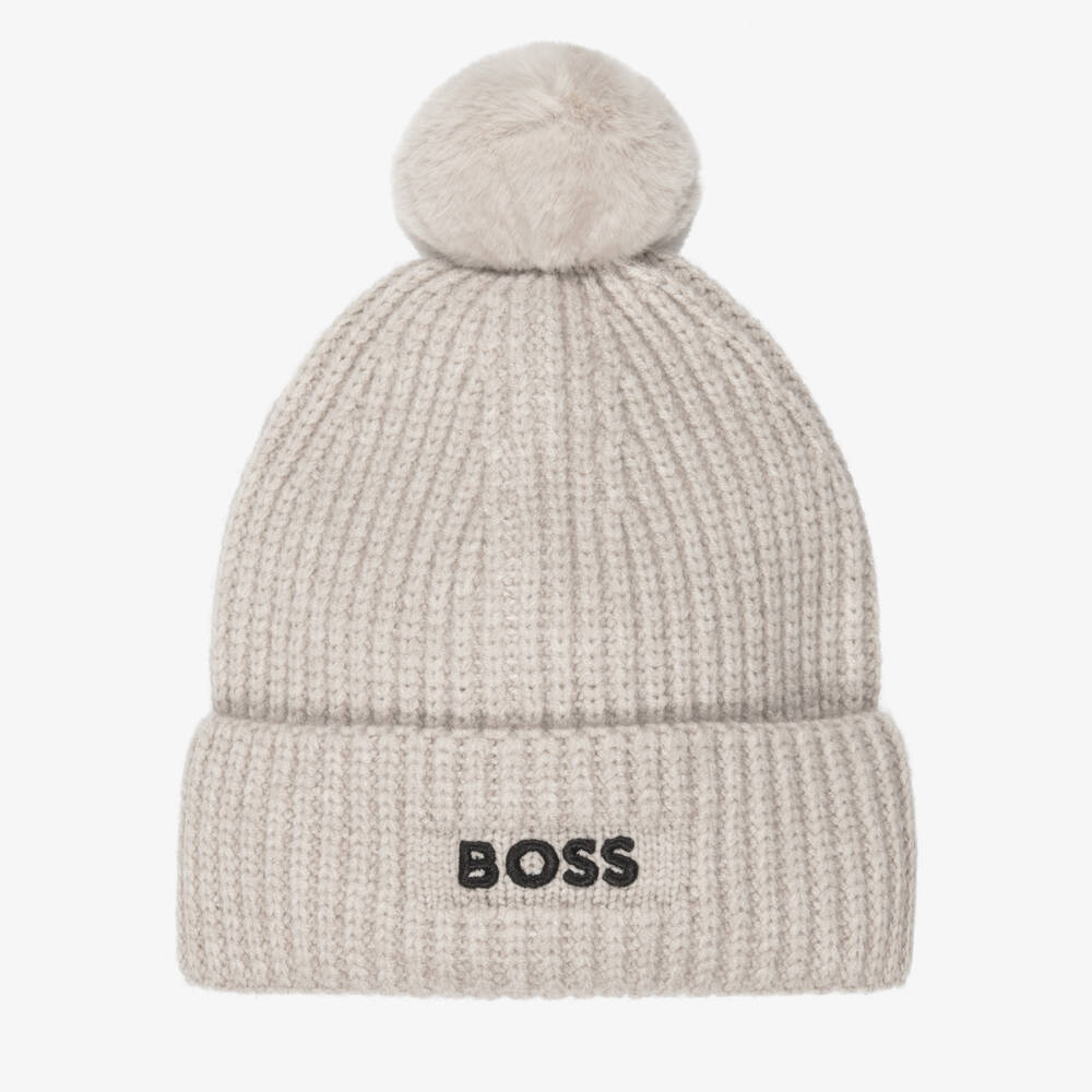 BOSS-Boys Beige Knitted Bobble Hat | Childrensalon